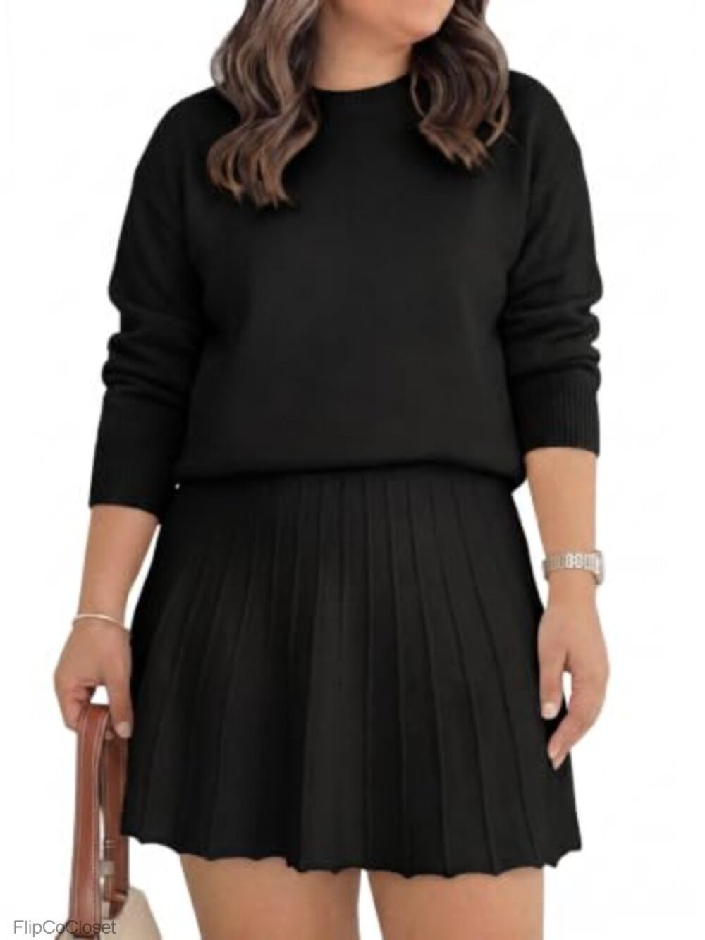 Plus Size 2 Piece Sweater Skirt Set Long Sleeve Knit Pullover Mini Skirt